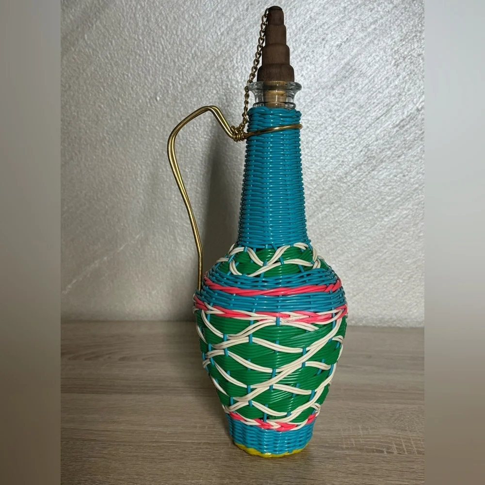 Vintage Spain Wine Bottle Plastic Woven Wicker Metal Handle